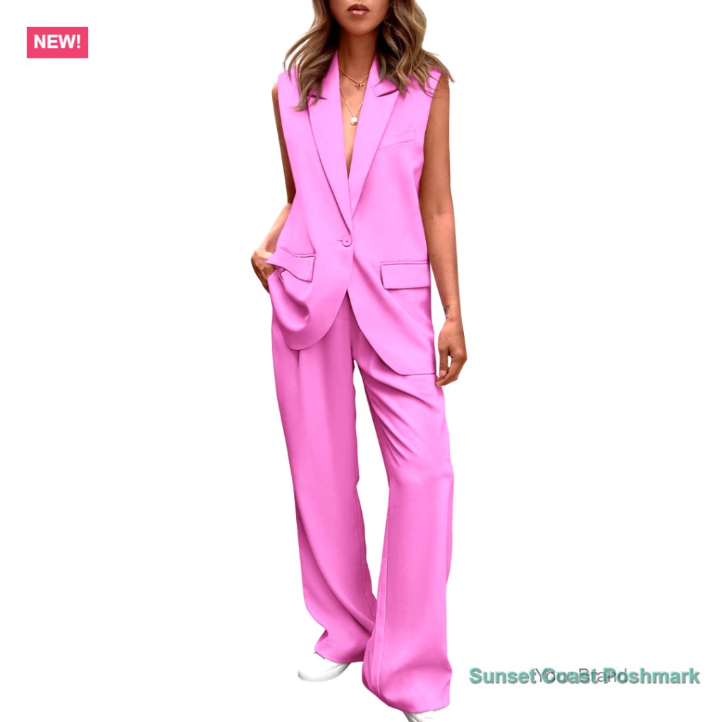 Oversized Blazer Vest And Wide Leg Trouser Pants Set Hot Pink Festival Party New